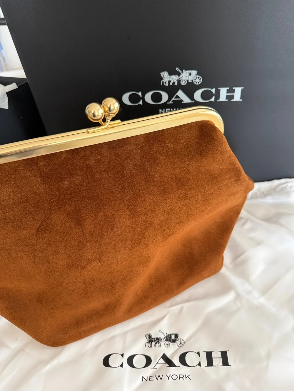 Coach Suede Frame Clutch in Saddle Brown with Gold Hardware